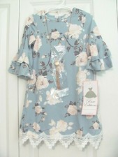 NWT SIZE 4 RARE EDITIONS GIRL'S BLUE FLORAL PRINT DRESS W/ GOLD TONE CHAIN