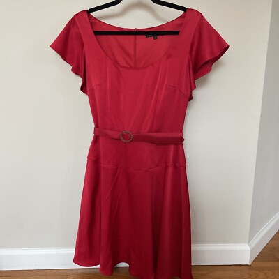 David Meister Red Silky Belted Dress Scoop Neck Flutter Sleeves Holiday Dress 8