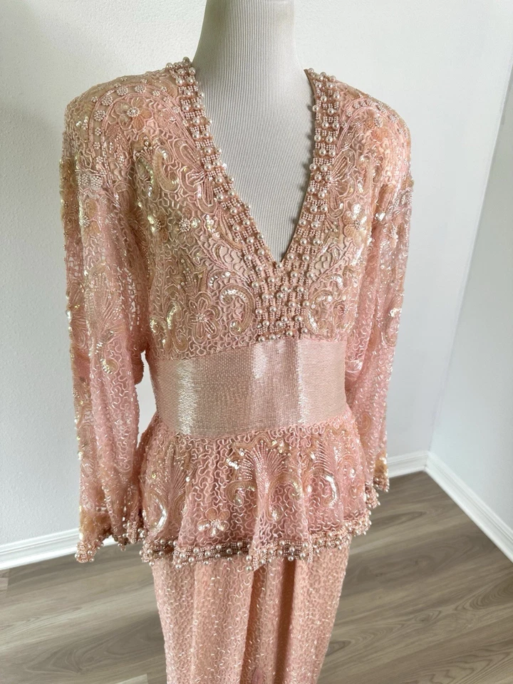 Vestido de Fiesta Vintage Lillie Rubí Rosa Con Cuentas Pesadas Años 80 Peplum Glamoroso L Foto 4 de 4