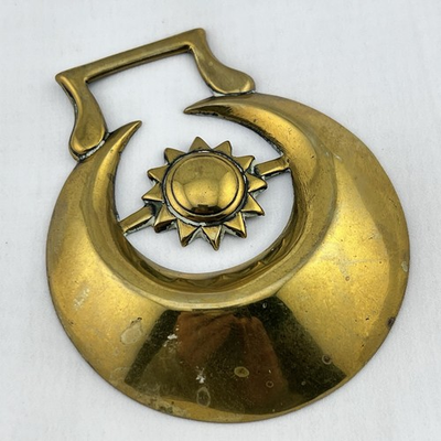 #ad Brass Horse Medallion Antique English Crescent Moon Sun Stamped Parade Harness $17.99