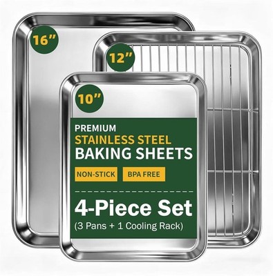 4-Piece Stainless Steel Baking Sheet Set with Cooling Rack BPA-Free Non-Stick Tr