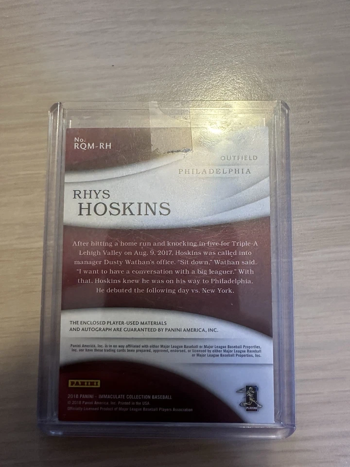 2018 Immaculate Rhys Hoskins Rookie Auto Player Used Quad Material Gold /49 - Image 2 of 2