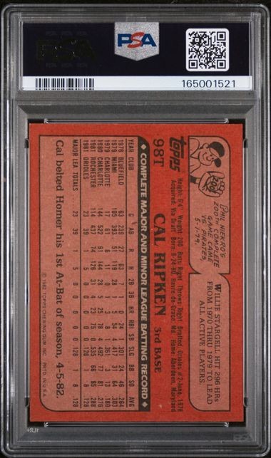1982 Topps Traded #98T Cal Ripken, Jr. ROOKIE CARD Orioles HOF PSA 8 NM-MT view 2