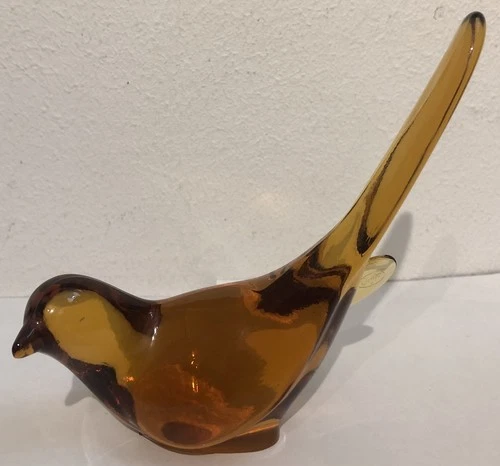 Vintage Fenton Amber Glass Bird Of Happiness Piece Paperweight Long Tail Feather