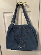 Betsey Johnson Denim Skull Skeleton Grommet Tote Purse/Shoulder Bag Handbag