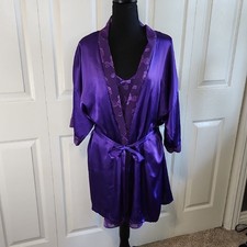 Vintage Petra Fashions Deep Purple Satin Robe Sheer Slip Lingerie Dress SZ LG