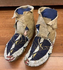 Antique Native American Beaded Sioux Moccasins 1880s High Top Sinew Sewn Moccs