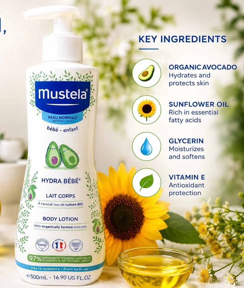 Mustela Hydra Bébé Body Lotion 500ml – New/Sealed. EXP: 11/2028