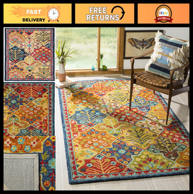 Handmade Boho Wool Area Rug 3' x 5' Blue/Orange, Soft & Durable, Home Decor