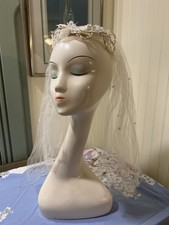 VTG 70s 80s Floral Beaded Wedding Veil w/Short Train  Lucite Leaves Fused Glass
