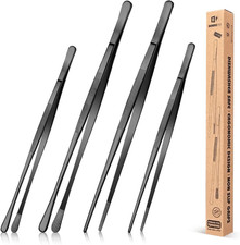 4 Pcs Fine Long Tweezer Tongs Professional Black, 12'' and 10'' Stainless Steel