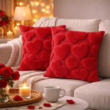Valentine s Day Heart Pillow Covers 18x18, Set of 2 Red Fuzzy 3D Heart Thro...
