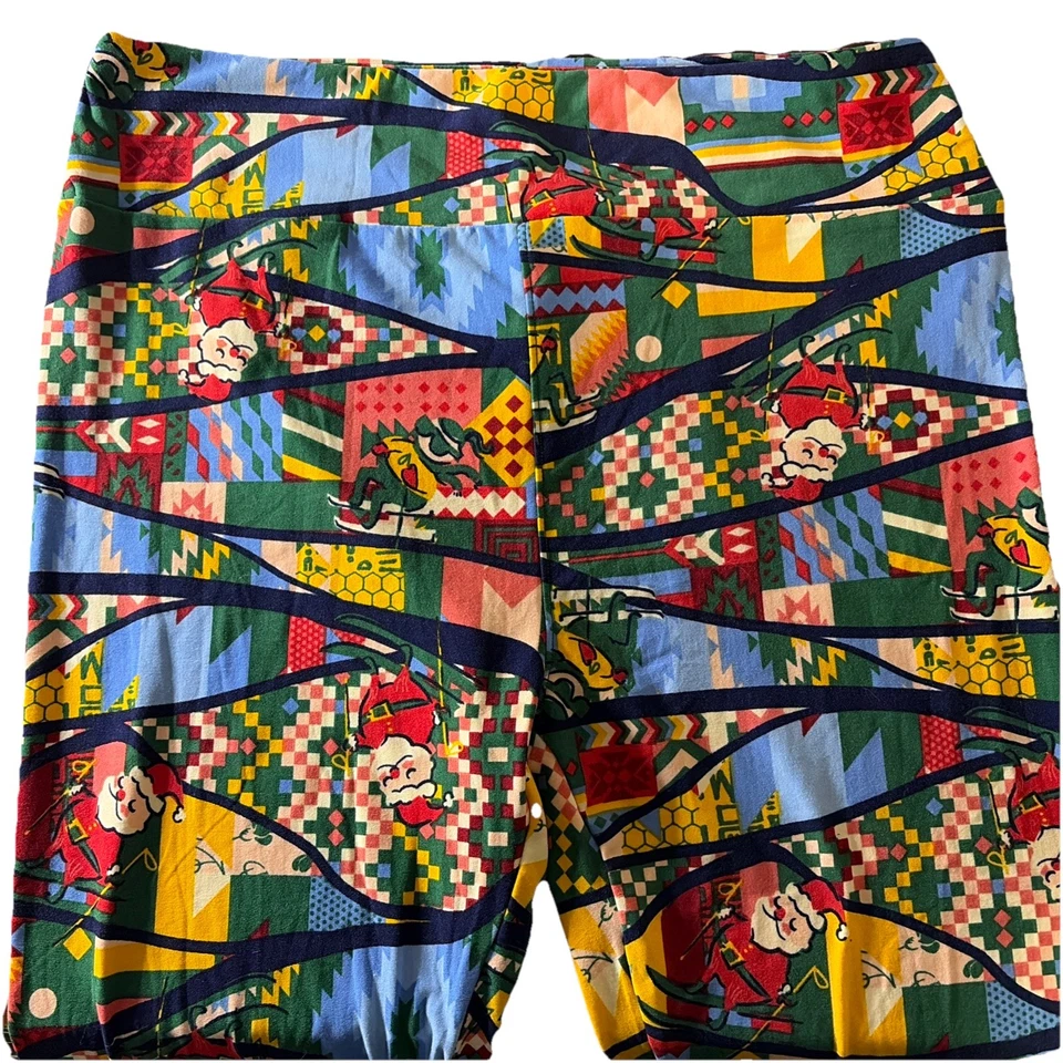 New LuLaRoe Santa Claus Skier Pixilated Aztec Patchwork Leggings Size TC (12-18) - Image 3 of 4