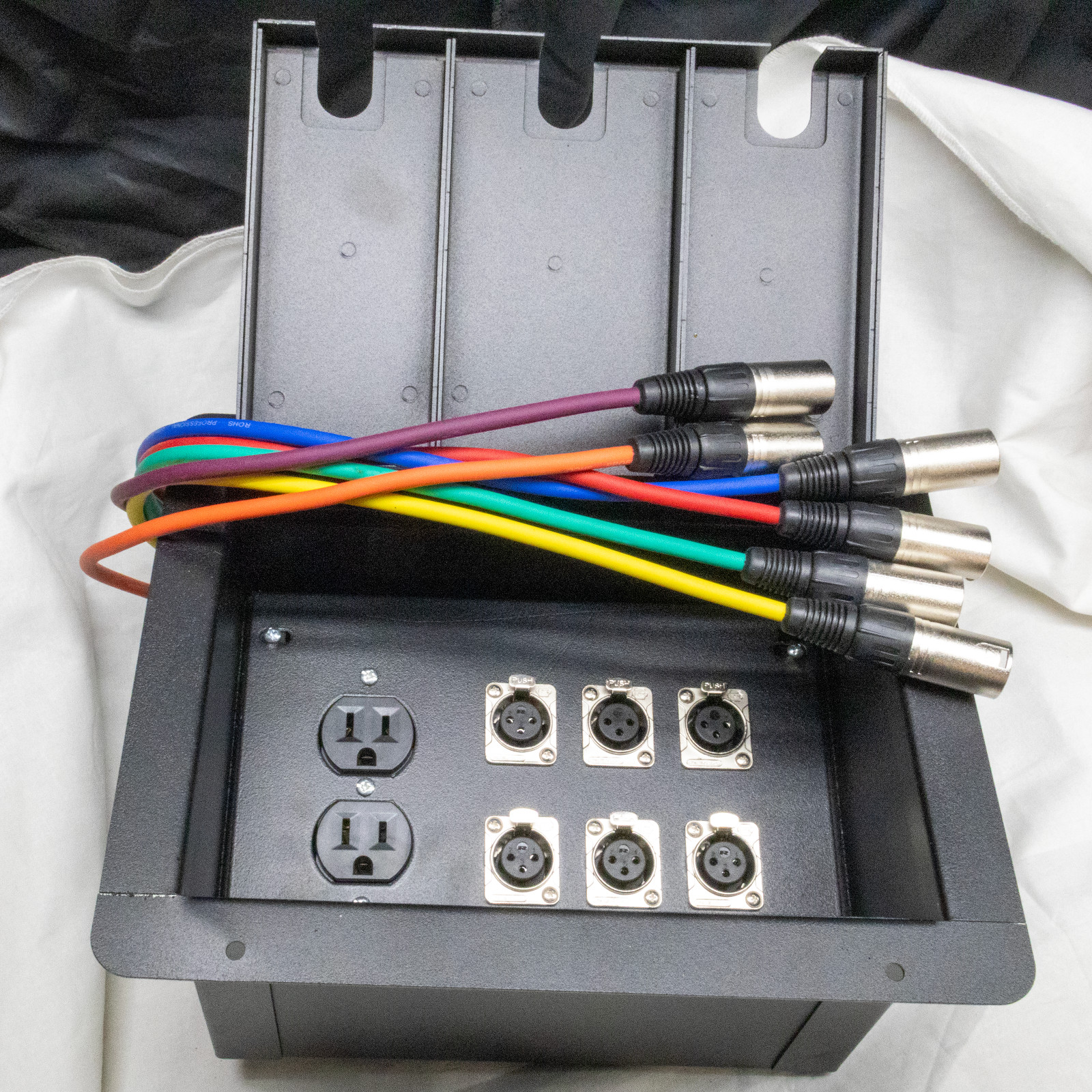 LOT-2025FB_14 Recessed Stage Floor Box 6 XLR Female + AC prewired (SOLD AS IS)