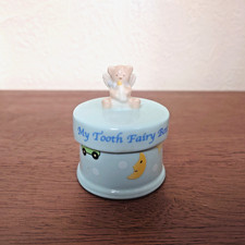 Vintage Russ Berrie Tooth Fairy Porcelain Baby Trinket Box Blue Boy Teddy Bear