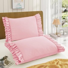 Set Of 2 Ruffled Pillowcases 20x26 In Pink Microfiber Decorative Standard Cases