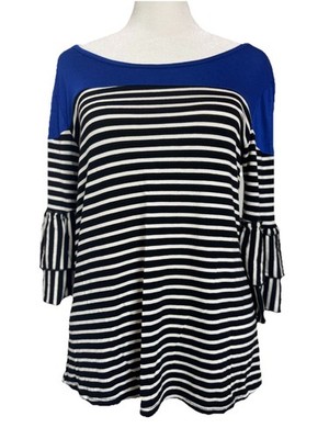 Emi & Ice Round Neck Ruffle Sleeve Contrast Shoulders Pullover Blouse Top, S