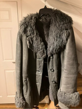 Black/grey Vintage Genuine Sheepskin Mid Length Fur Coat
