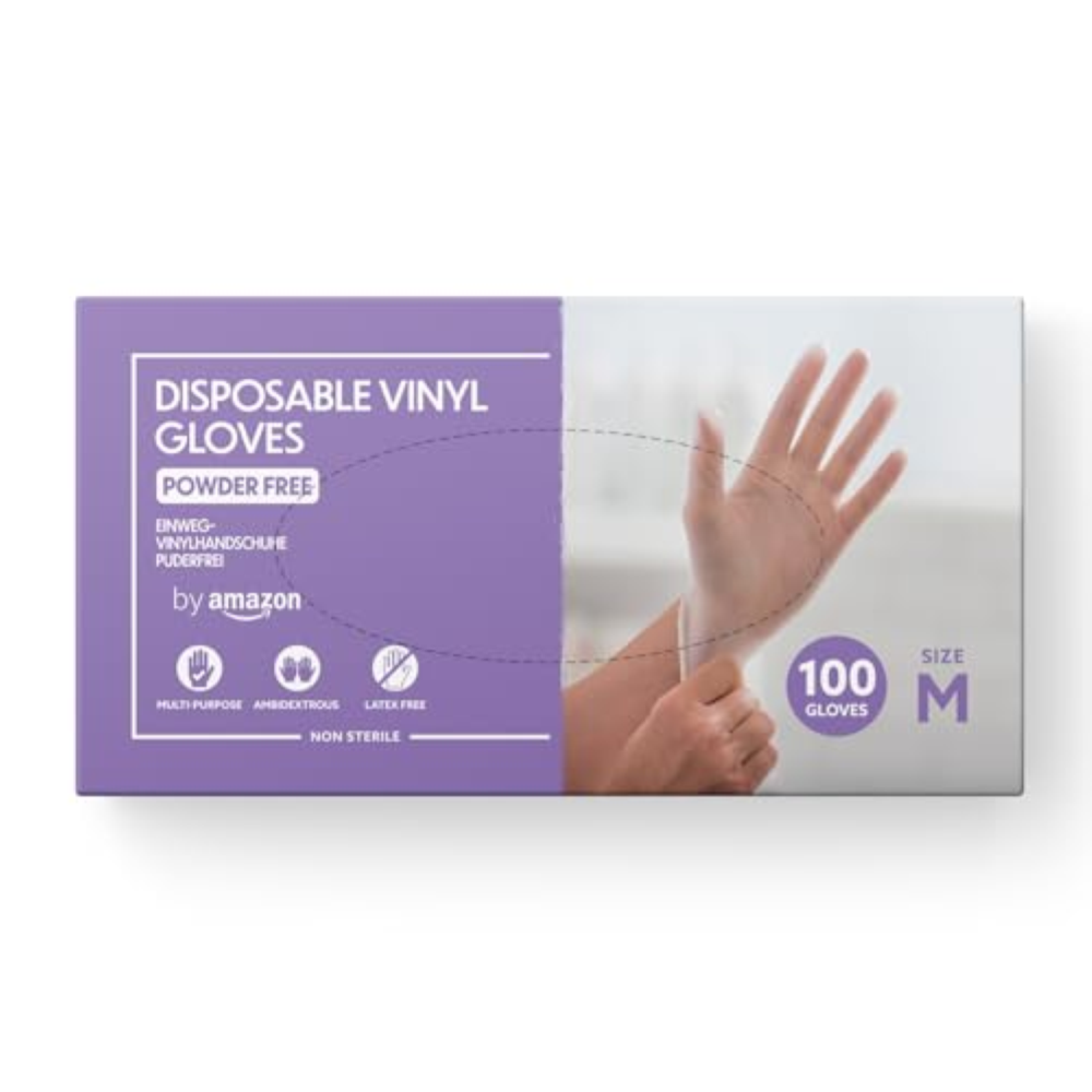 by Amazon - Guanti monouso in vinile, Taglia M, confezione da 100, Trasparente