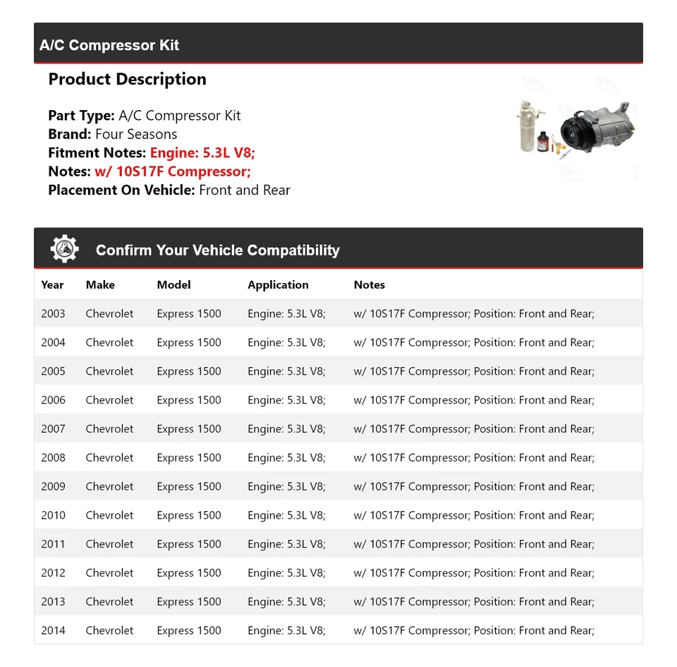 For 2003-2014 Chevrolet Express 1500 A/C Compressor Kit Front and Rear 4 Seasons - Image 2 of 4