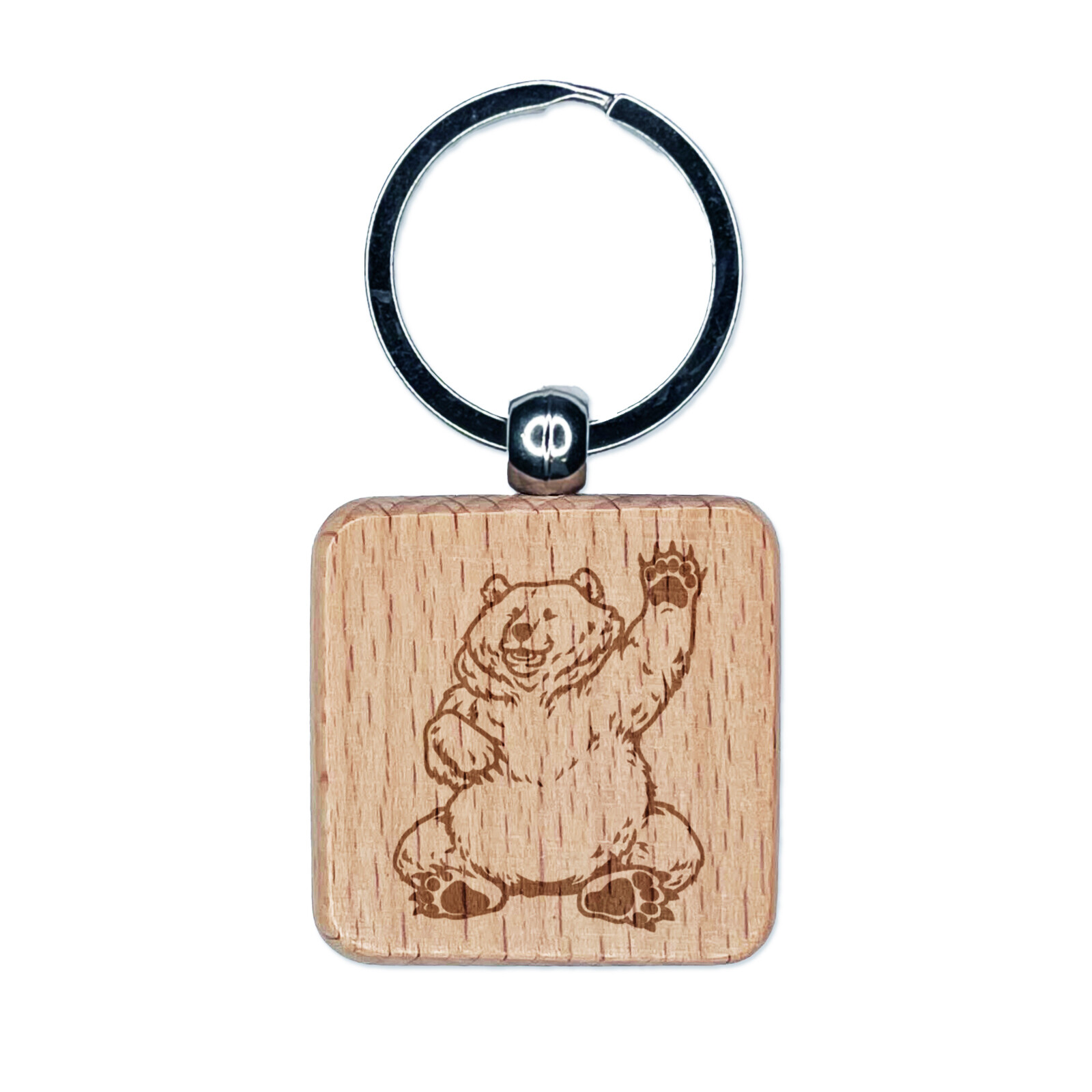 Chubby Waving Bear Engraved Wooden Square Keychain Charm Tag  