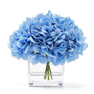Silk Blue Artificial Hydrangea in Vase with Faux Water, Silk Flower Arrangeme...