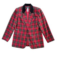 Sag Harbor Women 8 Red Gray Tartan Plaid Wool Blend Button Front Blazer F930273R