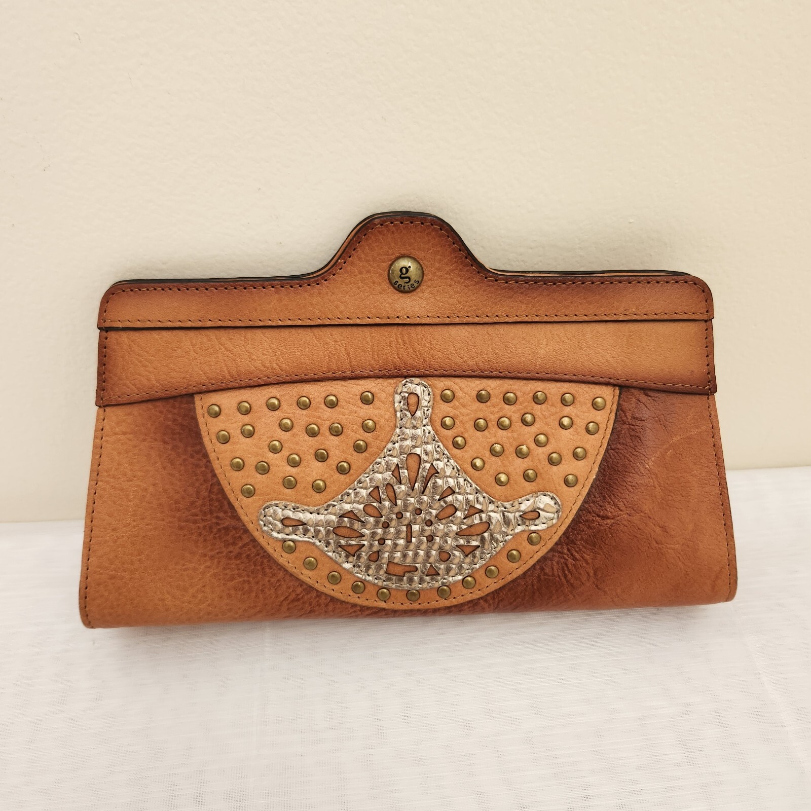 Boho Studded Leather Clutch Handbag for Women in Cognac Pebbled G Series Style  