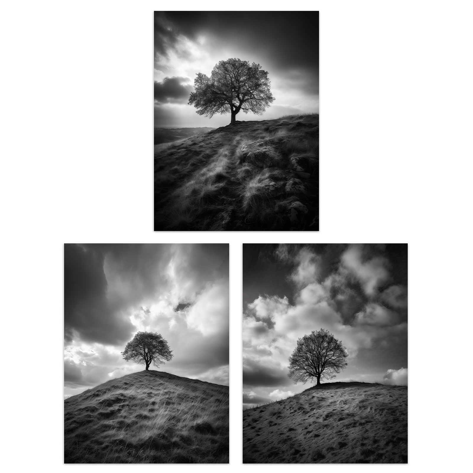 Lone Tree on a Hill Black White Countryside Field Landscape Poster 3 Pack 12X16""