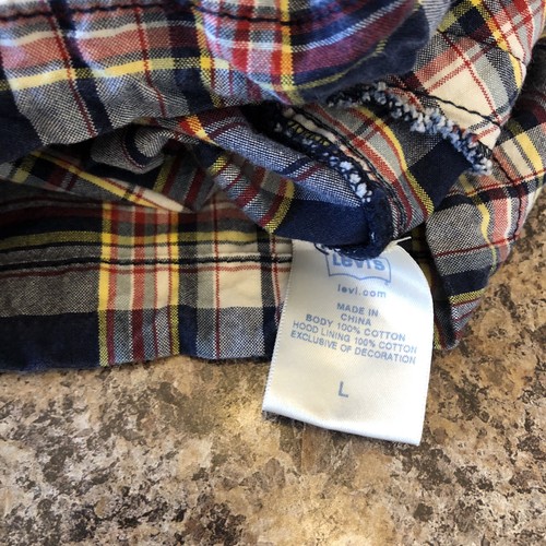 Levi Girls Sz L Blue Cotton Plaid Hooded Jacket Zip Front Coat - Picture 9 of 9