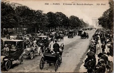 Paris France Horse Buggy Crowd Cars Halftone Postcard