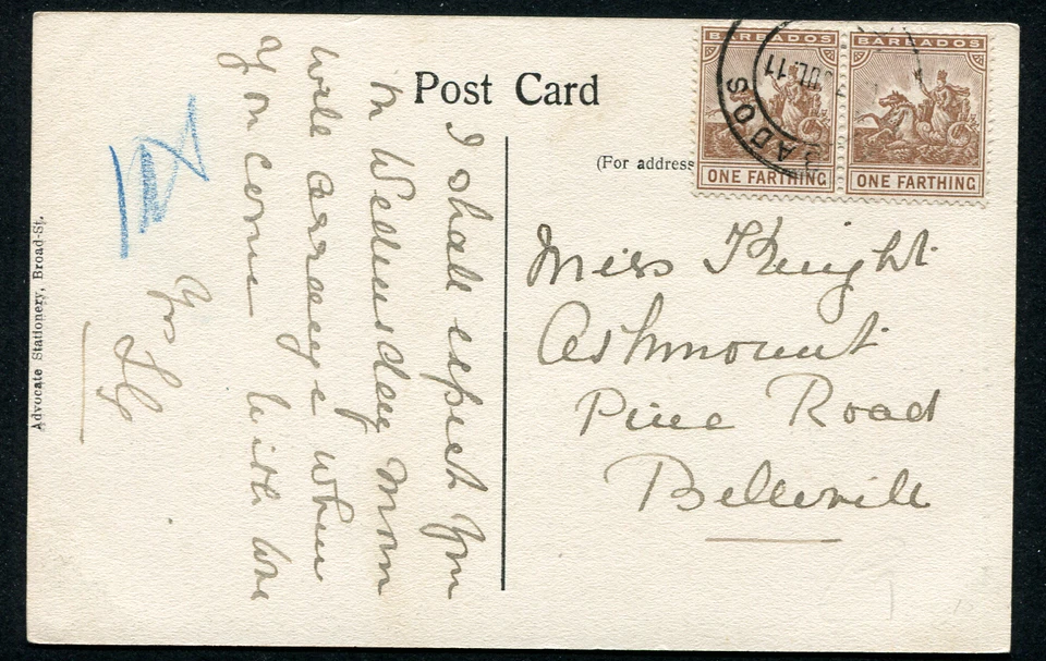 BARBADOS (21731) 1/4d/tranvías dibujados por caballos/Nelson/Tarjeta postal cuadrada Trafalgar/ppc Foto 2 de 2