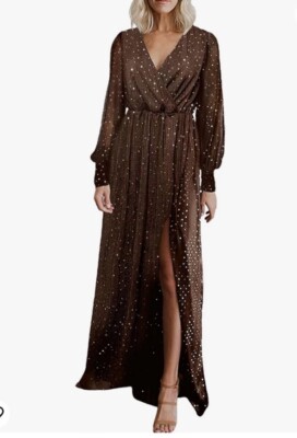 Blencott Brown XL Sparkle Formal Party Dress Maxi Slit Long Sleeve V Neck |  eBay