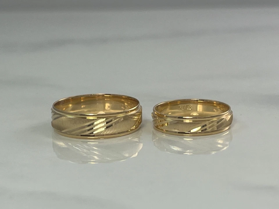 14K Solid Yellow Gold His Hers Wedding Band Ring Set Matching Men Womens Unisex - Image 4 of 4