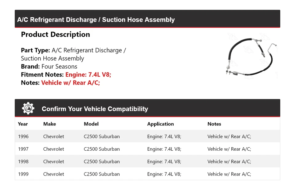 For 1996-99 Chevrolet C2500 Suburban Discharge/Suction Line Hose Assy 4 Seasons Foto 2 de 4