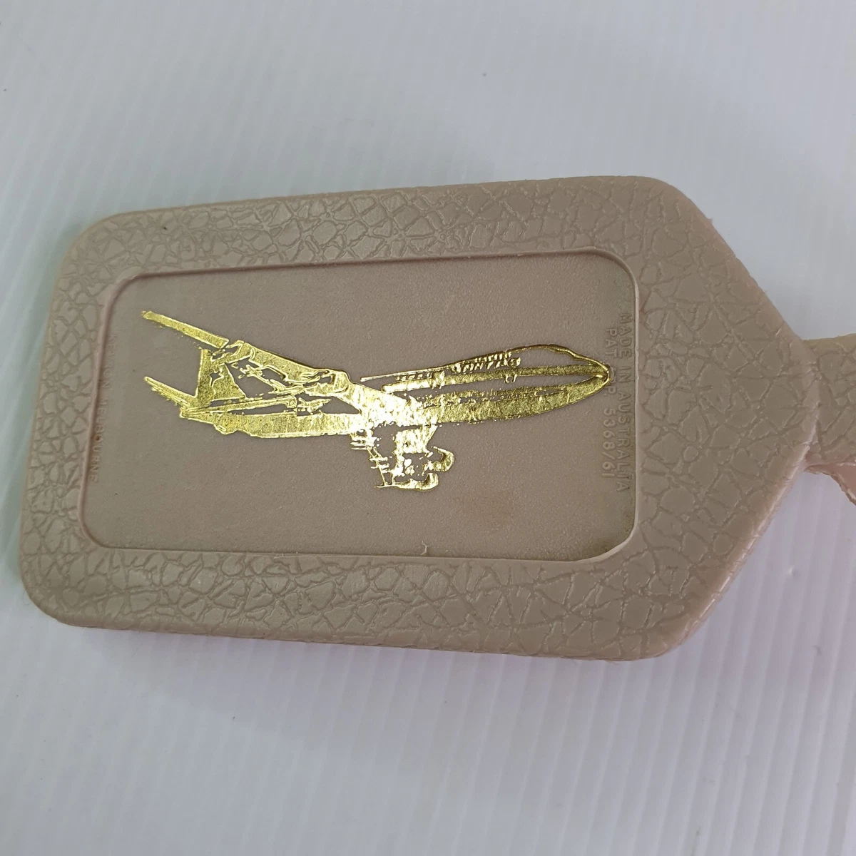 Vintage Airplane Airline Bag Tag Made In Australia Plastic Brown Gold Jet