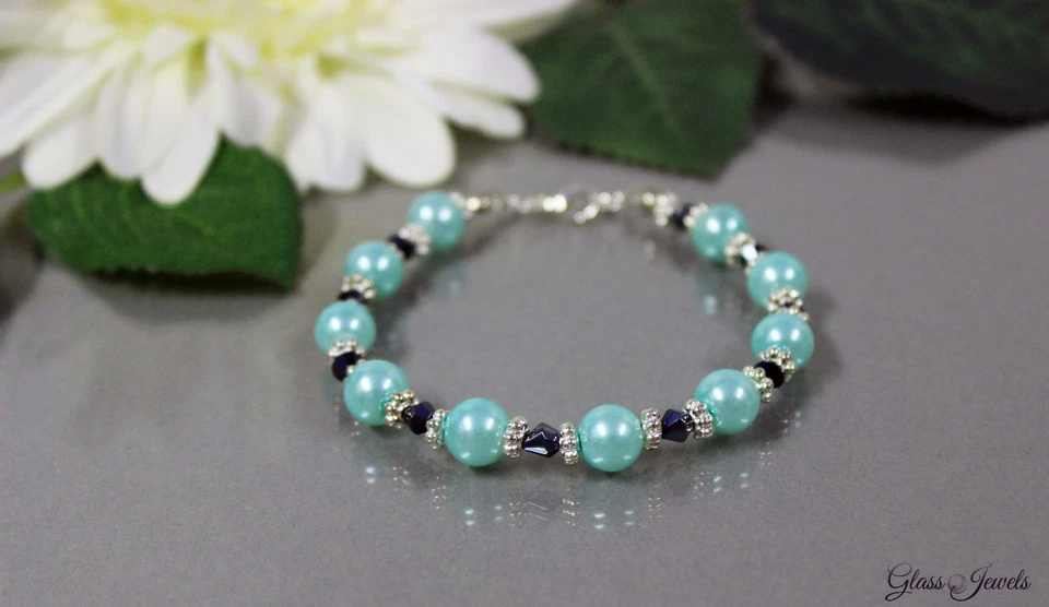 Glass Jewels Silber Armband Perlen Türkis Sommer Länge 19 cm #G003 - Bild 3 von 3