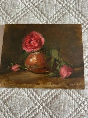RED ROSE WITH COPPER DECANTER OIL Painting Art Floral Still Life 8X10