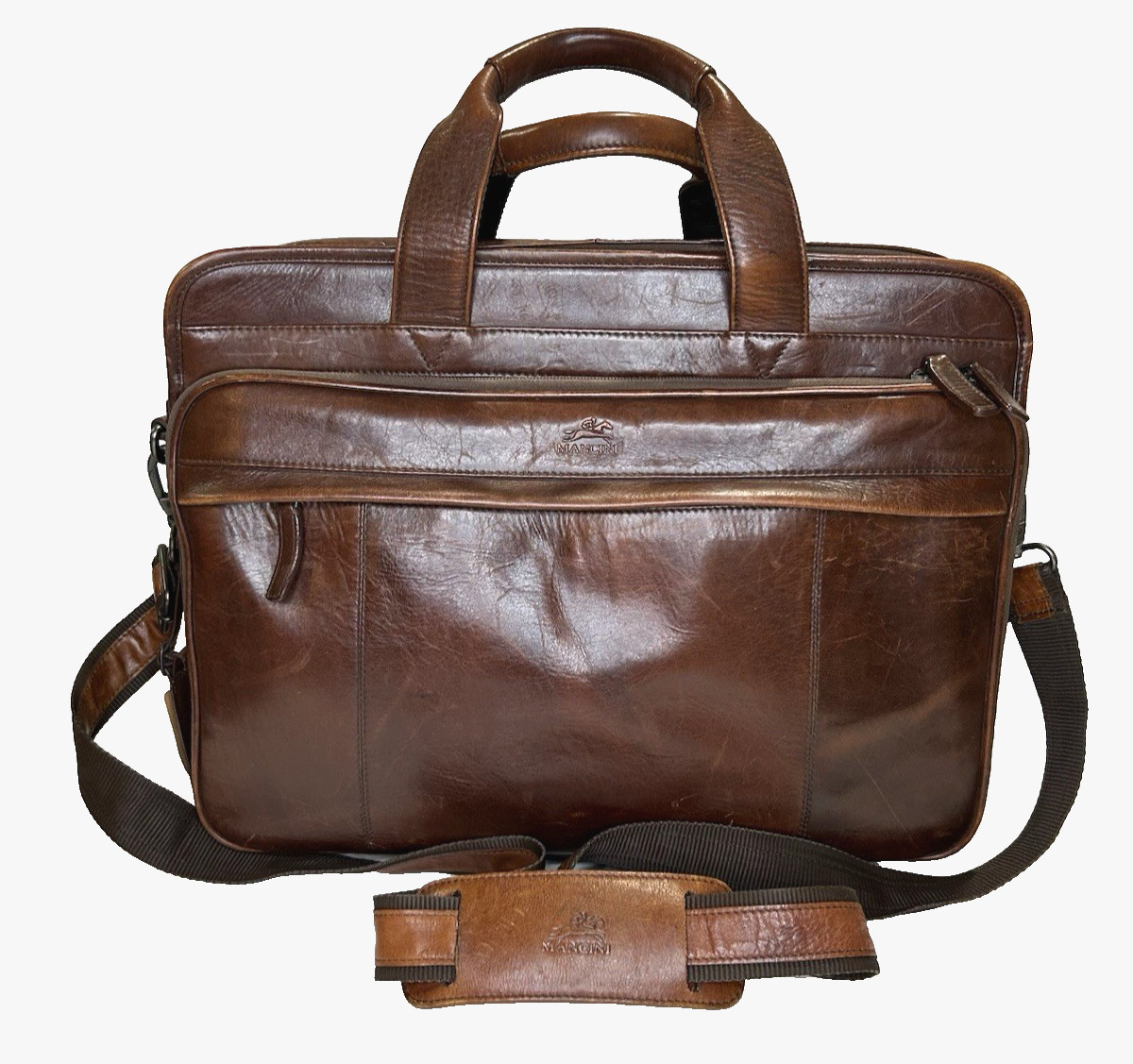 Mancini Briefcase Laptop Bag Brown Leather Shoulder Strap *F