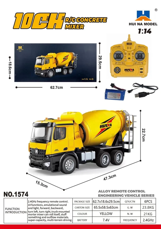 2.4G Remote Control Car HUINA 1/14 10CH RC Concrete Mixer Truck 1574 Model Toys - Image 2 of 4