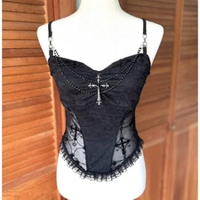 Gothic Lolita Victorian Vampire Vkei EGL Black Lace Cross & Chain Cami Top L