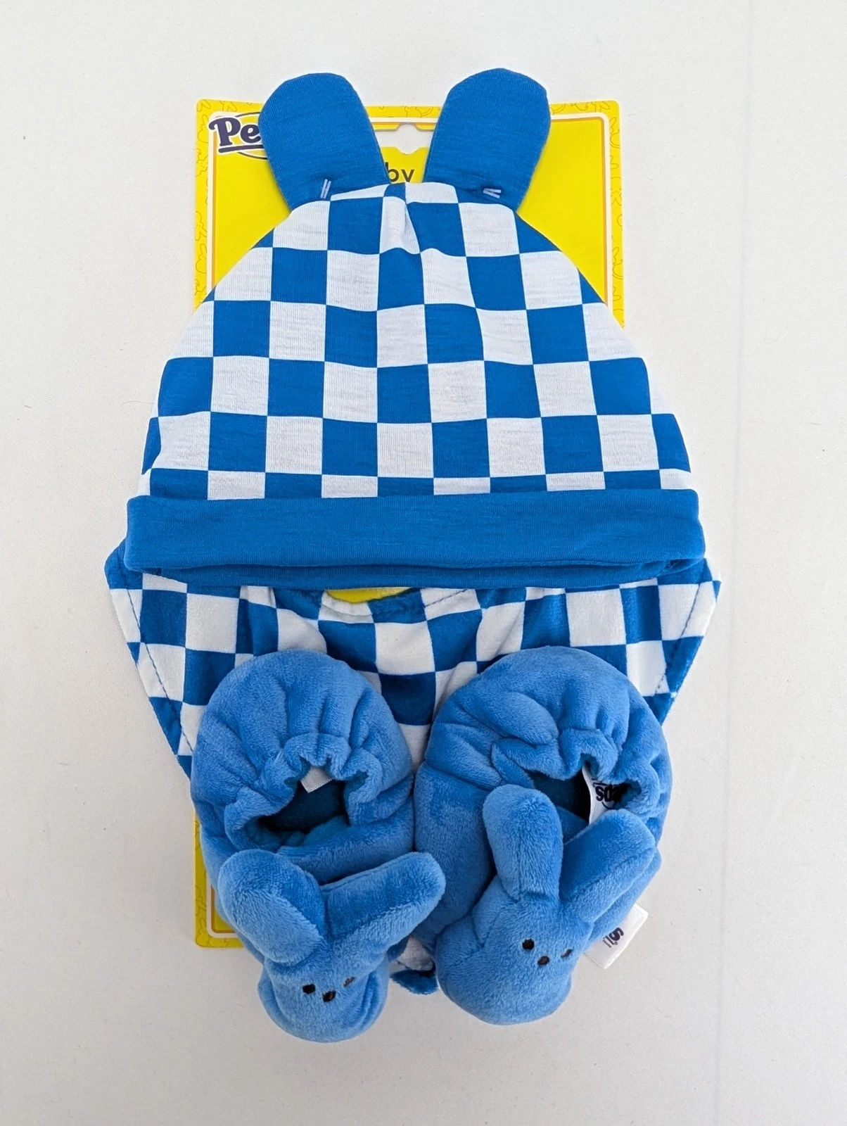 Peeps Infant Baby Set Hat Bib Booties Blue White Checkers Photo Prop Dan Dee