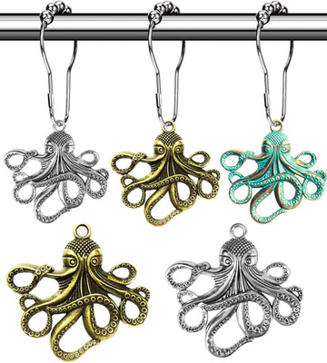 Octopus Decorative Shower Curtain Hooks Rust Proof, Brushed Nickel Shower Curtai