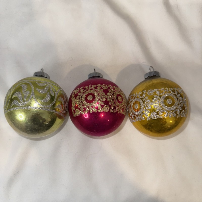 VTG 3 Shiny Brite Mercury Glass Stenciled Glittered Ornaments USA Mica Pink Gold