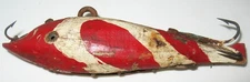 Antique Weighted Red and White Wooden Ice Fishing Decoy with Cheater Hooks