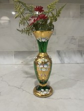 💚 Vintage Bohemian Czech Emerald Green Gold Gilded Enameled Vase 8" ~ BEAUTIFUL