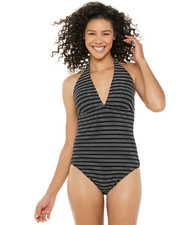 MSRP $98 NWT! Chaps Textured Stripe Halter One-Piece Oxford Swimdress, Size: 16