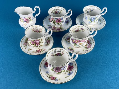 Royal Albert 5 Tazze Caffè Con Piattino + Lattiera Porcellana Serie "Mesi" - Foto 2 di 17