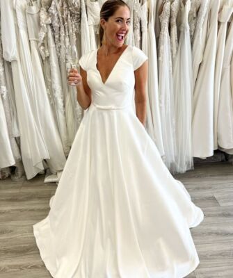 Elegant Satin Deep V Neck Wedding Dresses Short Cap Sleeve A Line Bridal  Gowns | eBay