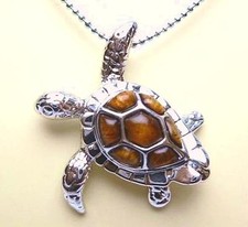 32.5MM GENUINE INLAID KOA WOOD BRASS HAWAIIAN TURTLE PENDANT 18" CHAIN NECKLACE